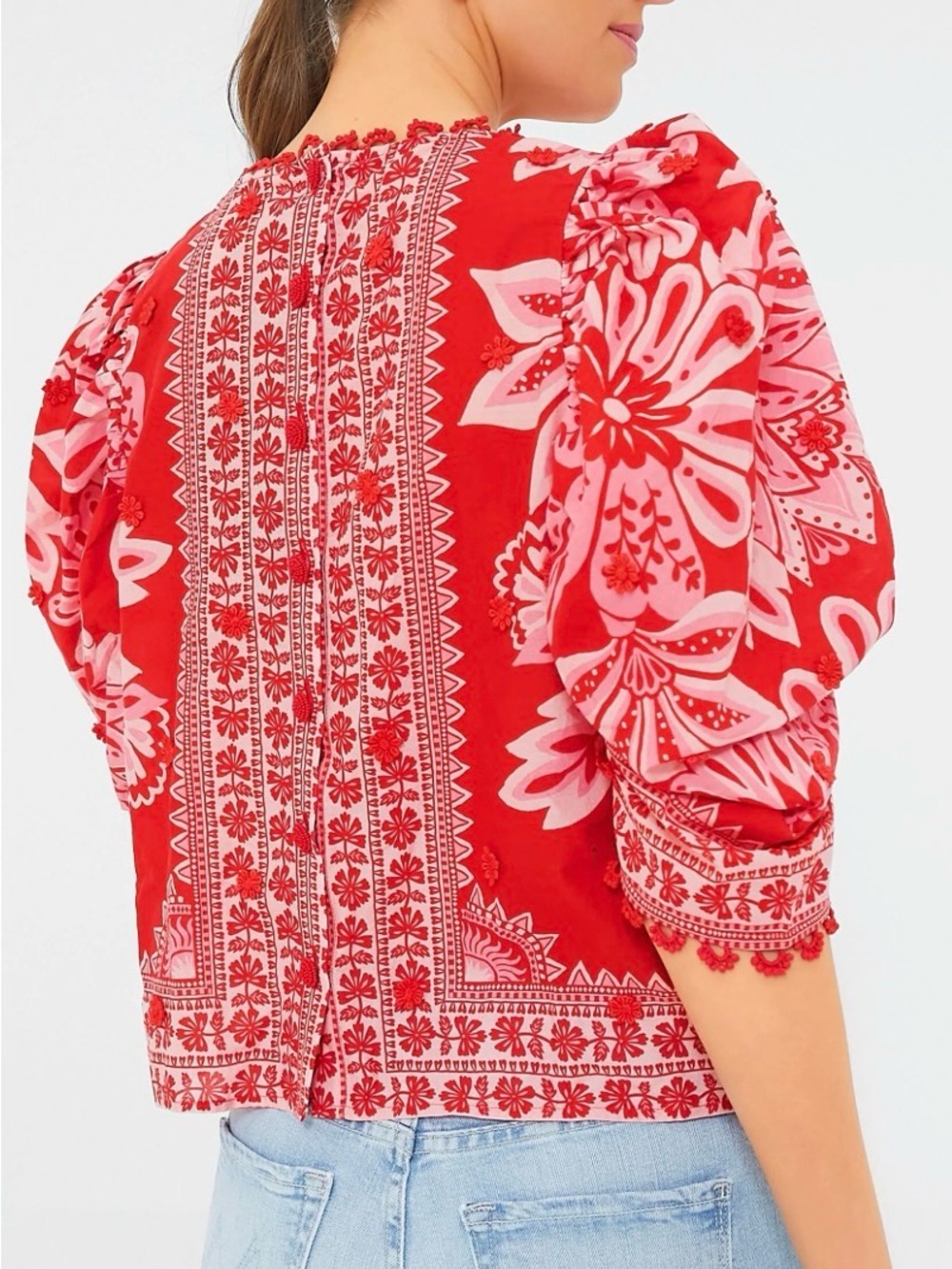 Red Flora Tapestry Embroidered Puff-Sleeve Top NWT - Picture 4 of 11